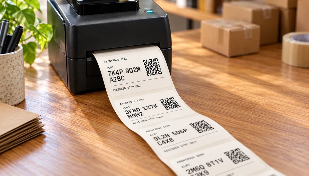 Illustrative thermal printer producing a continuous batch of anonymous Alamat waybills