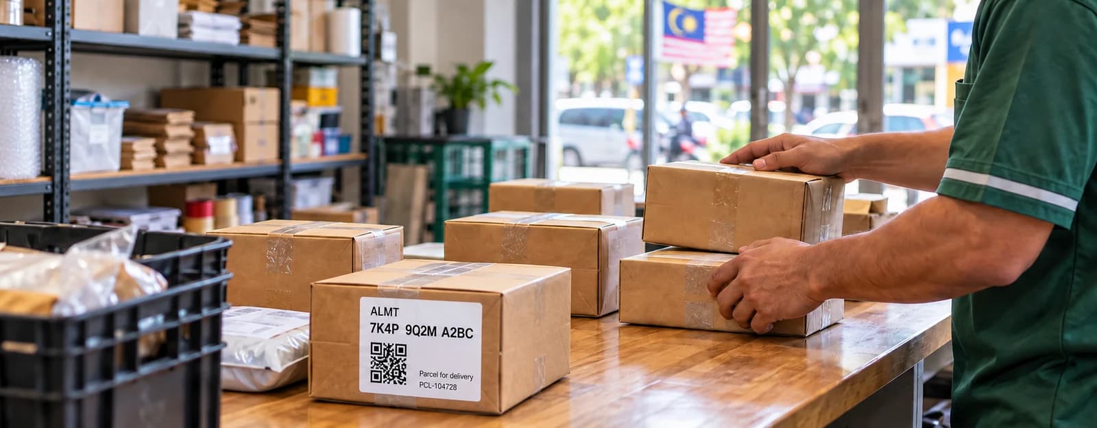 Illustrative Malaysian merchant sorting parcels with an anonymous ALMT label